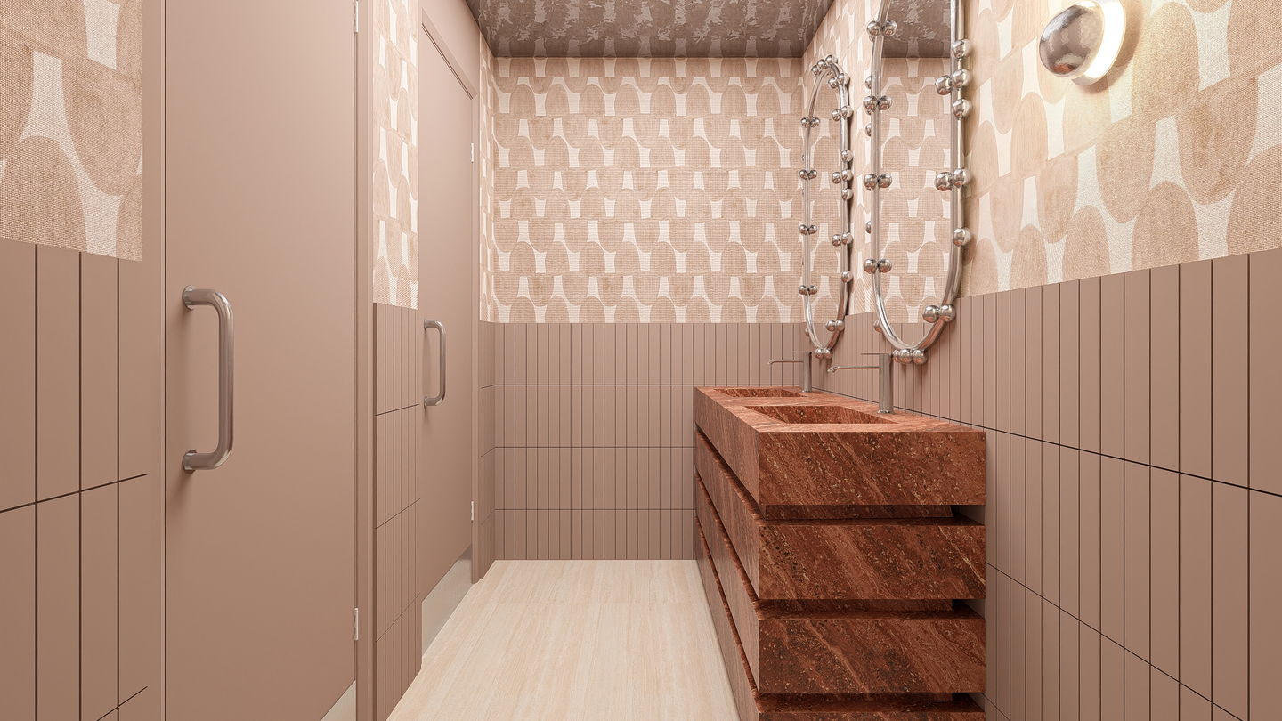 Rosso Levanto traverten lavabo ve nikelaj detaylı aynalar