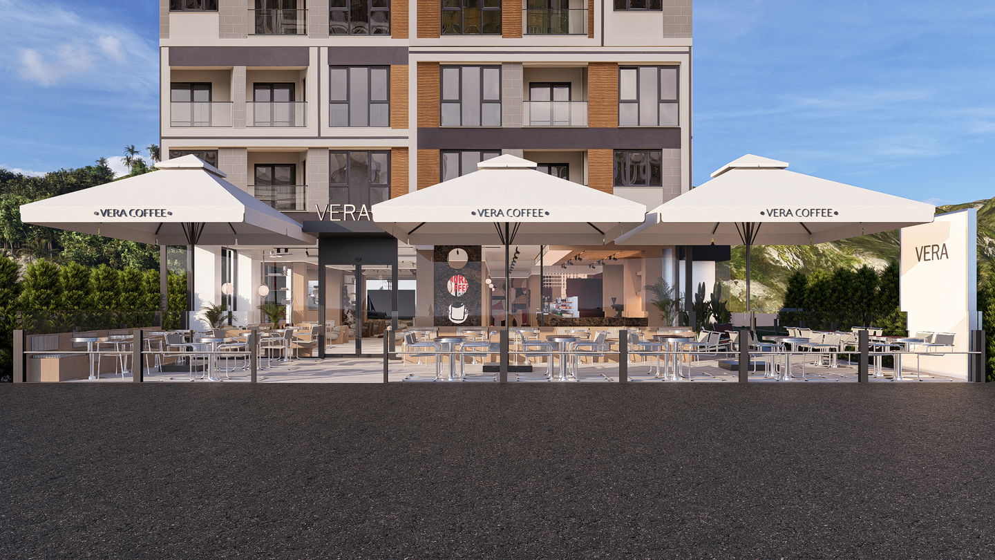 VERA COFFEE dış cephe ve gölgeli teras