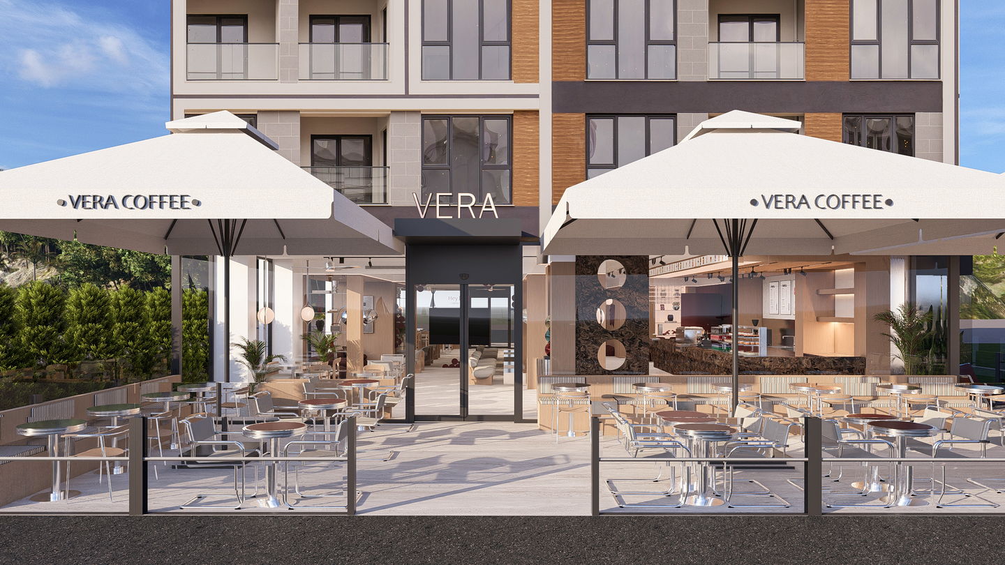 Girişten teras görünümü ve cam cepheli ana salon
