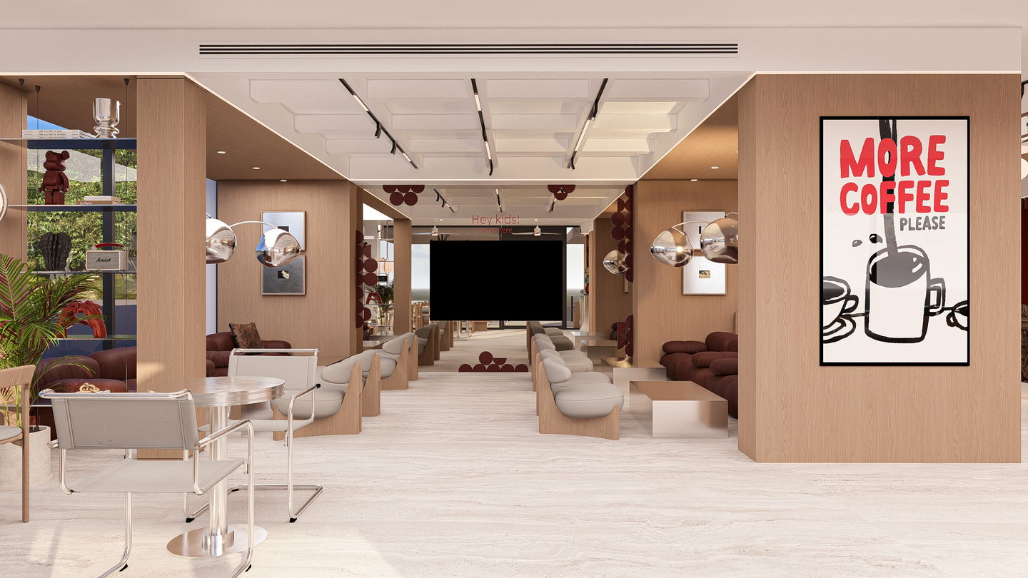 VERA COFFEE iç mekân: meşe kaplama duvarlar ve travertin zeminli oturma salonu