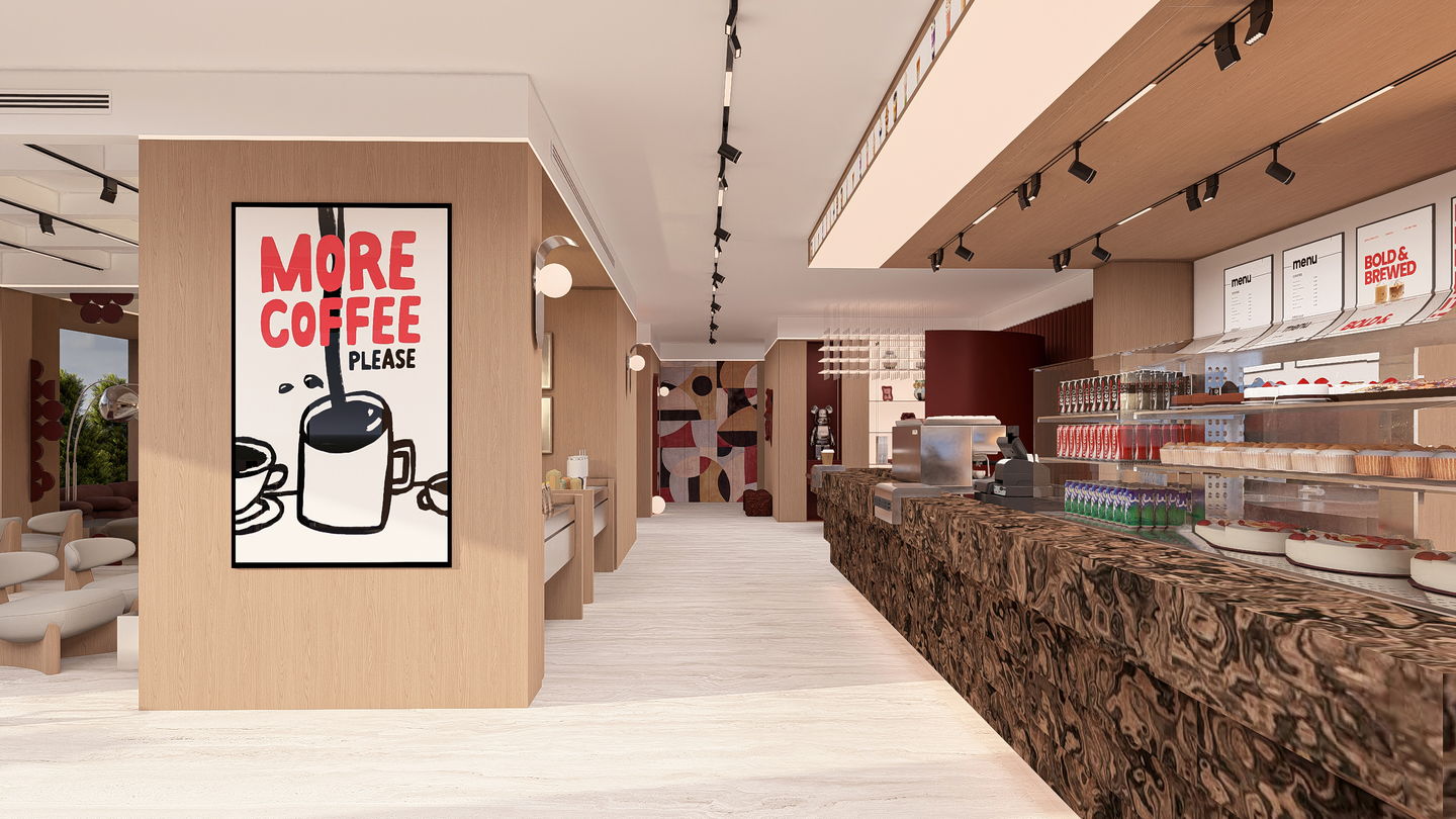 Kahve barı ve pastane vitrini: taze tatlılar ve espresso istasyonu